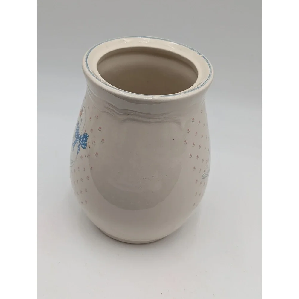 Tienshan Stoneware Canister Cream Aunt Rhody Goose Blue Polka Dot Bow Lid 7 in
